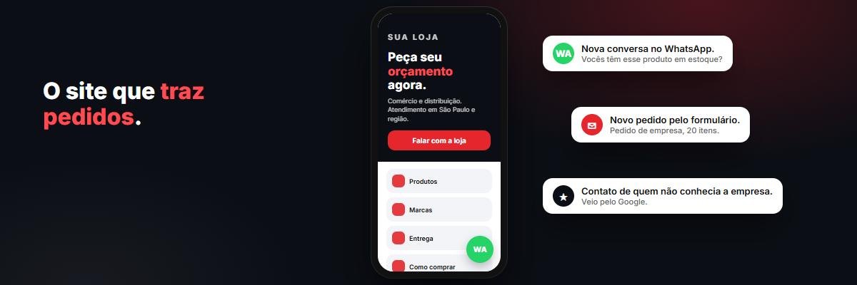 Site moderno no celular recebendo pedidos de orçamento pelo WhatsApp e pelo formulário