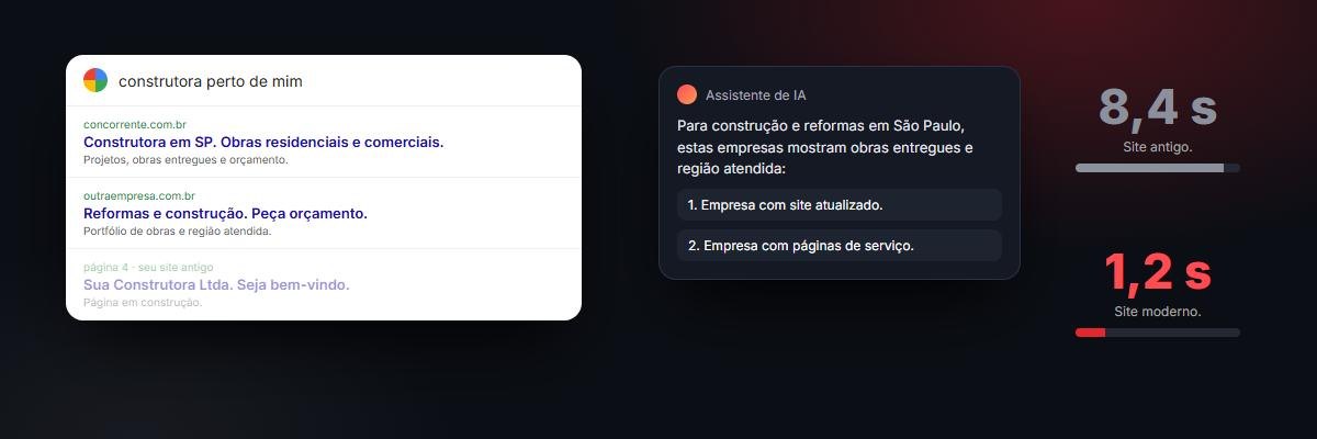 Busca no Google e resposta de IA mostrando empresas com site atualizado, e comparação de velocidade entre site antigo e moderno