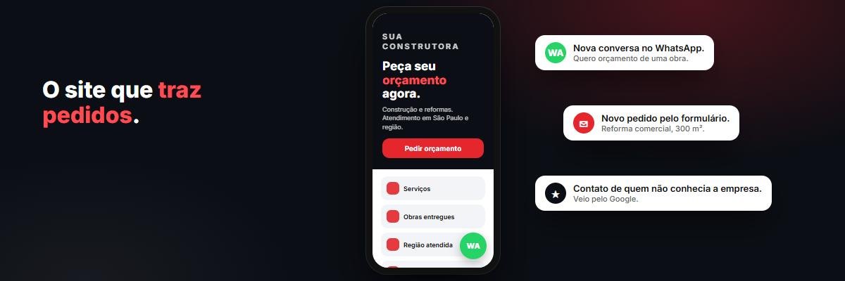 Site moderno no celular recebendo pedidos de orçamento pelo WhatsApp e pelo formulário