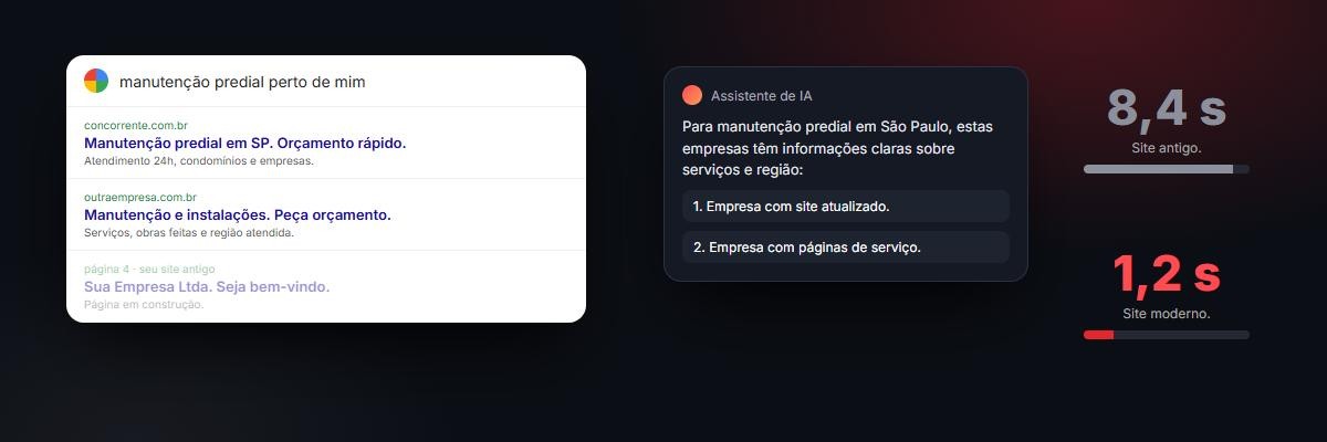 Busca no Google e resposta de IA mostrando empresas com site atualizado, e comparação de velocidade entre site antigo e moderno