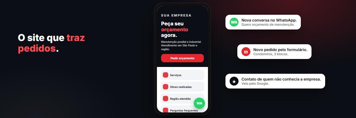 Site moderno no celular recebendo pedidos de orçamento pelo WhatsApp e pelo formulário