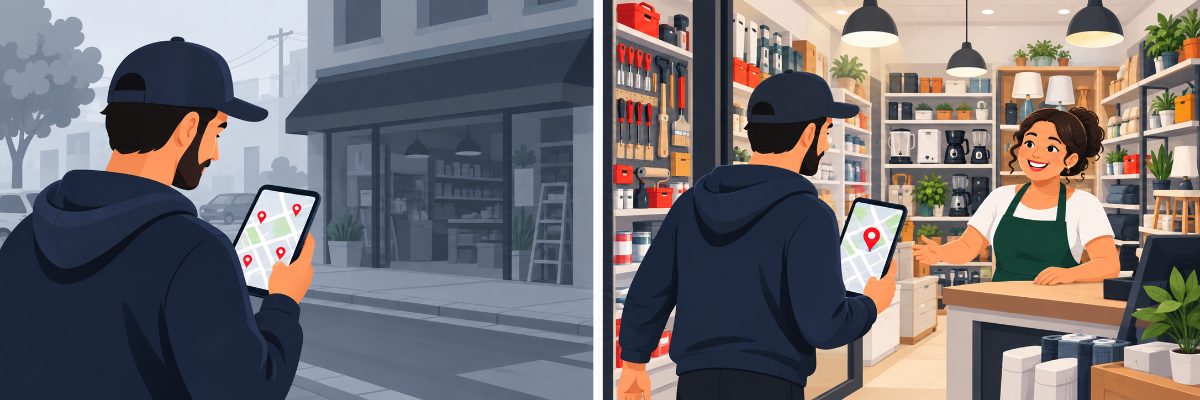 Cliente pesquisando lojas no celular, com uma loja destacada no mapa