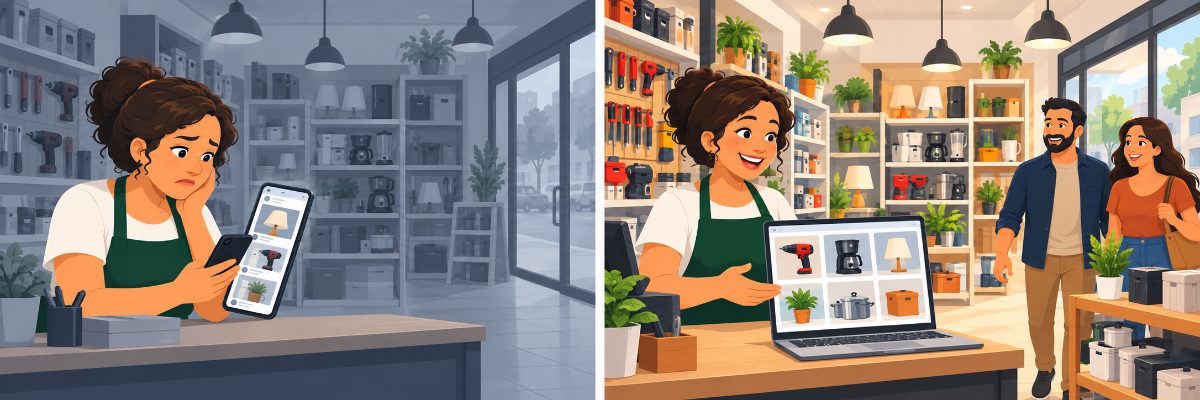Lojista dependendo de rede social ao lado da mesma lojista com site próprio recebendo clientes