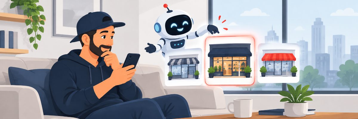 Assistente de inteligência artificial entregando cartões de lojas a um cliente