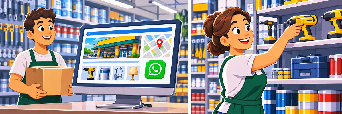 Equipe de loja montando um site como se arrumasse uma vitrine