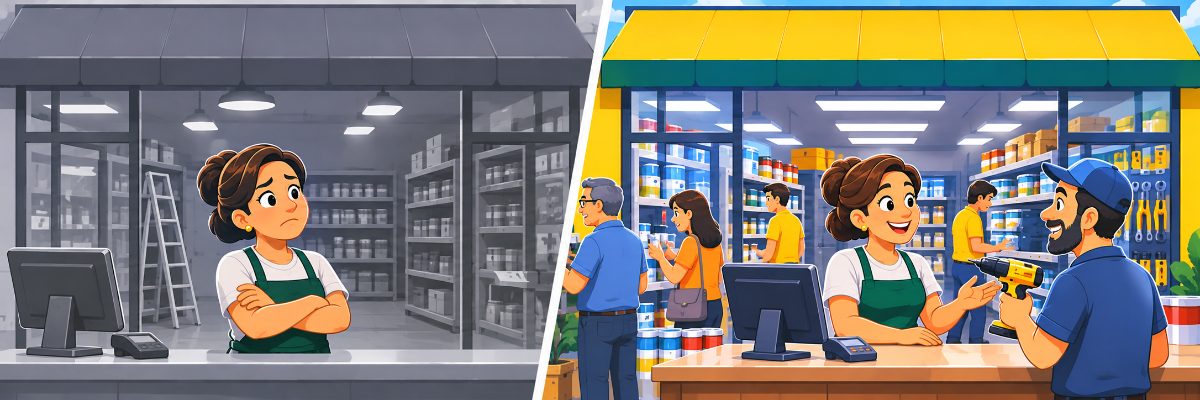 Loja vazia ao lado da mesma loja cheia de clientes