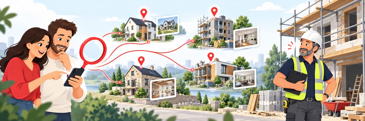 Cliente pesquisando construtoras no celular, com obras e reformas aparecendo no mapa