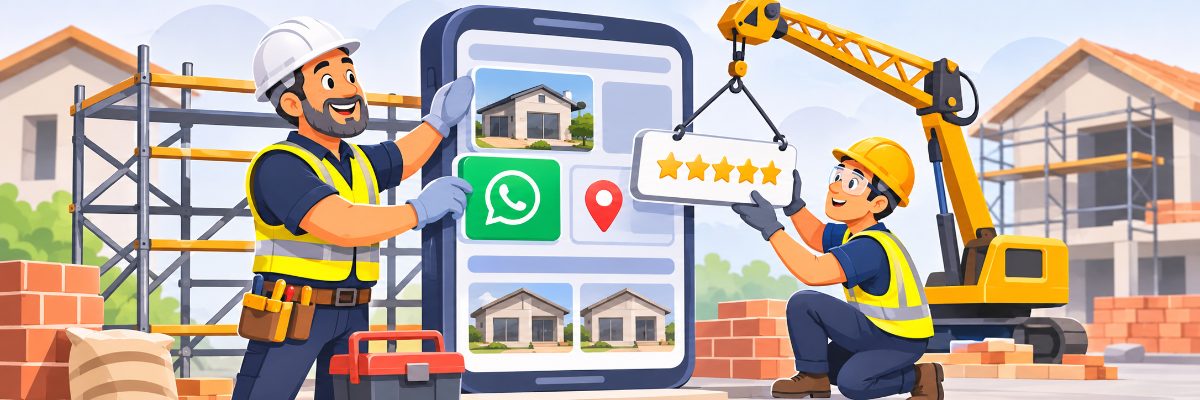 Equipe de obra montando um site como se fosse uma construção