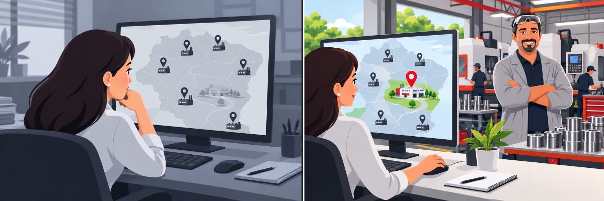 Comprador industrial pesquisando fornecedores no computador, com fábricas aparecendo no mapa