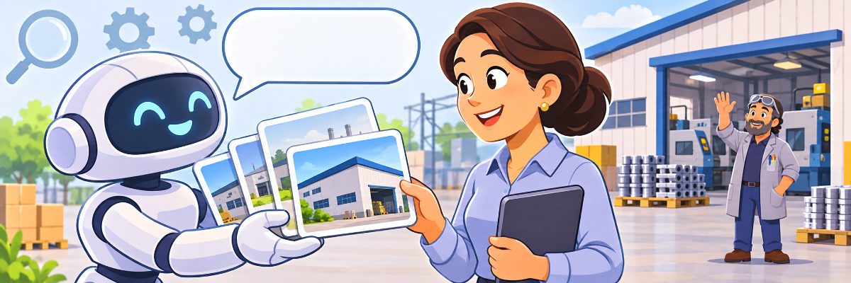 Assistente de inteligência artificial entregando cartões de fábricas a um comprador