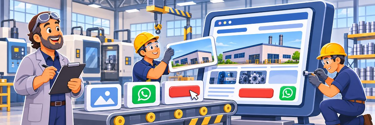 Equipe de fábrica montando um site como se fosse uma linha de produção