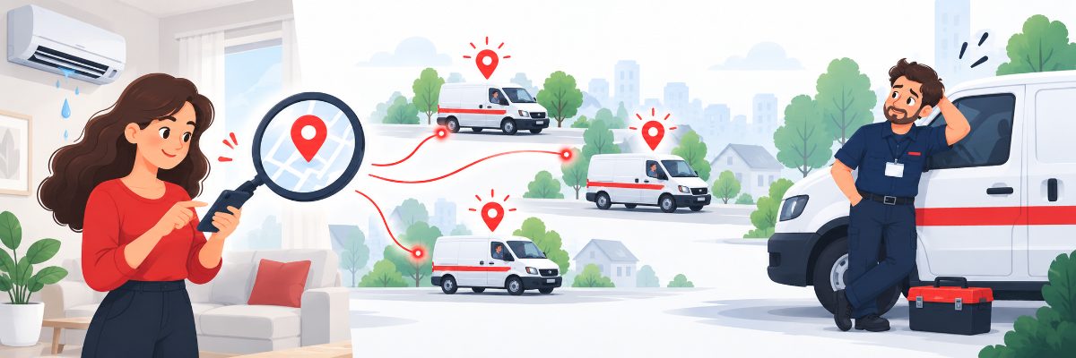 Cliente procurando técnico no celular e vans de manutenção aparecendo no mapa