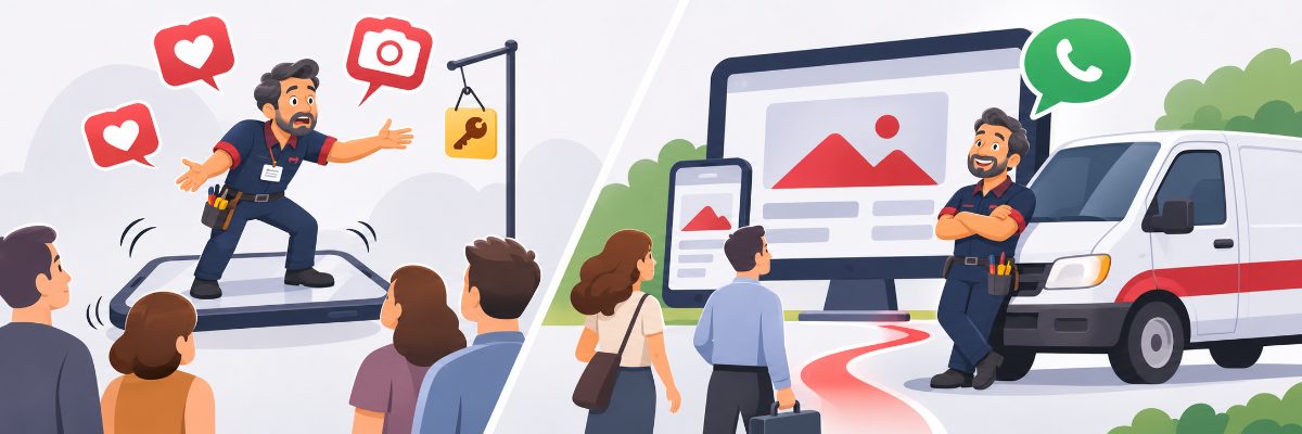 Técnico em uma plataforma alugada de rede social ao lado do mesmo técnico com site próprio recebendo clientes