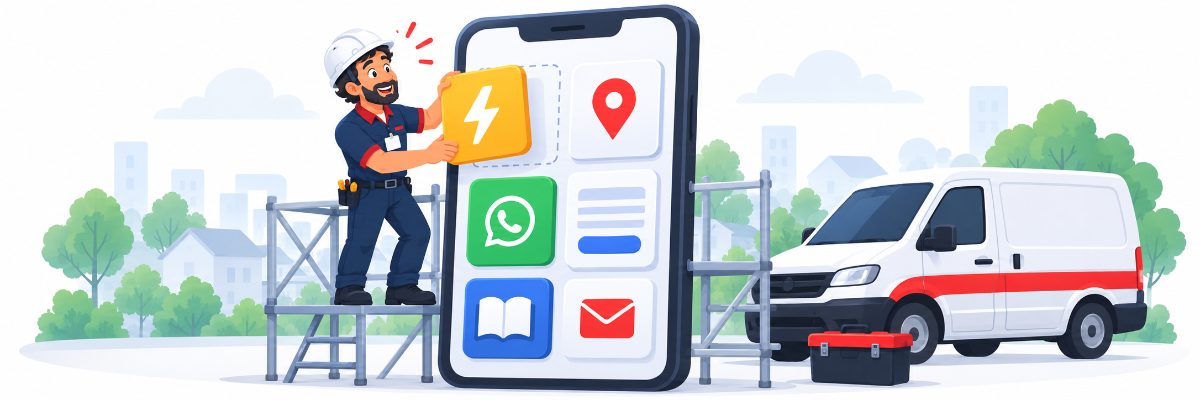 Técnico montando um site no celular como se fosse uma obra