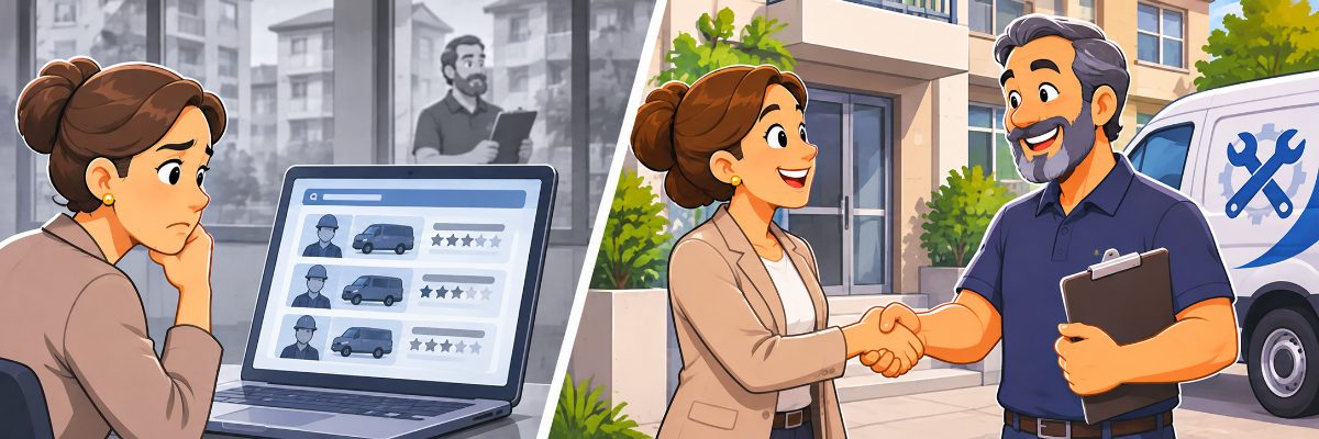 Síndica pesquisando prestadores no notebook e depois recebendo o prestador escolhido na entrada do prédio
