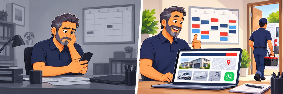 Prestador de serviço esperando o telefone tocar ao lado do mesmo prestador recebendo vários pedidos pelo site