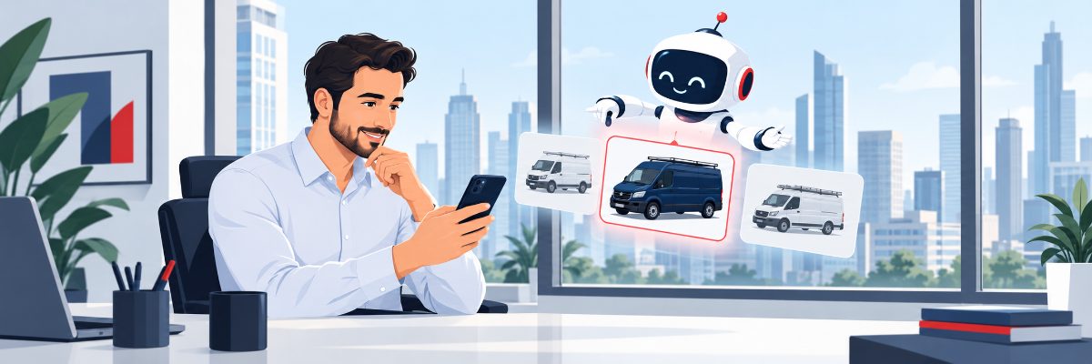 Assistente de inteligência artificial entregando cartões de empresas de serviços a um cliente